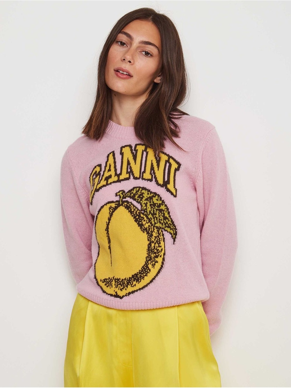 GANNI Wool Peach Intarsia Crew Neck Sweater Size XS